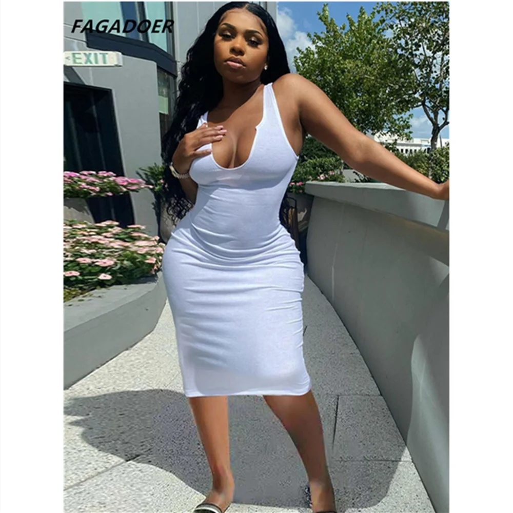 

FAGADOER Knitted Women Bodycon Dress women Solid Ribbed Midi Dresses V Neck Clothing Sexy Slim Party Club Streetwear Summer 2021
