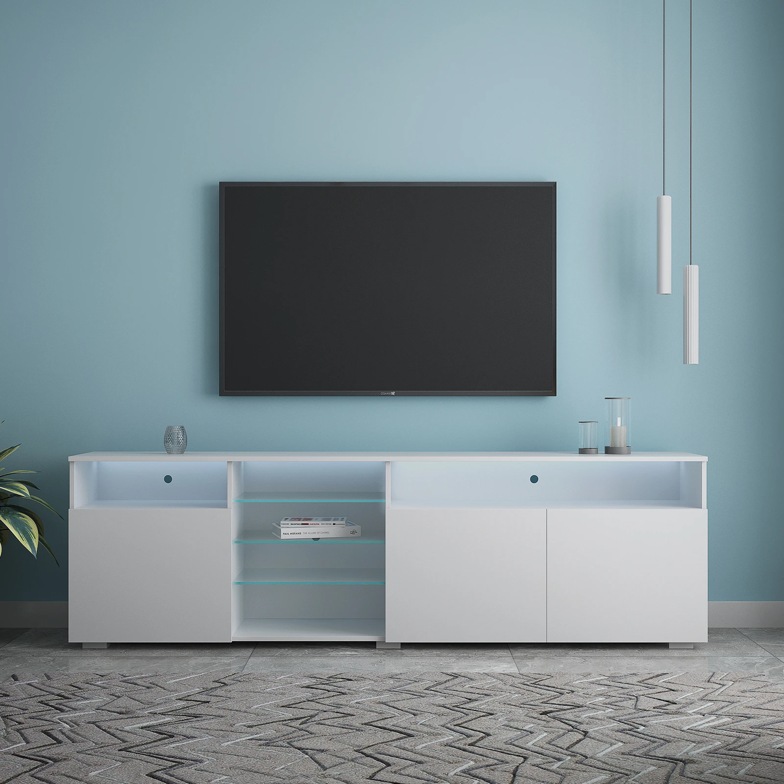 200x35x55CM High Gloss LED TV Cabinet with 3 Doors Modern TV