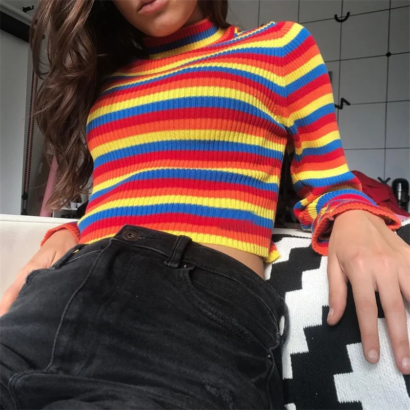 

Women Rainbow Stripes Slim Sweater Ladies Turtlenecks Jumper Knitwear Fashion Multicolour Bottoming Shirt Girls Pullover Tops
