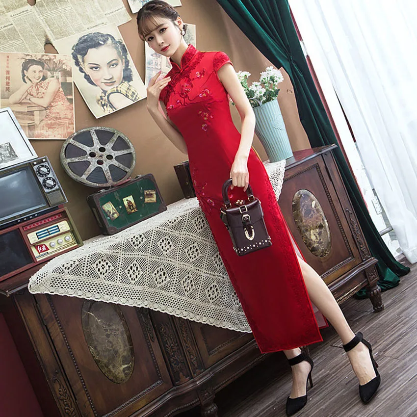 Традиционное китайское свадебное платье для женщин с цветочной вышивкой