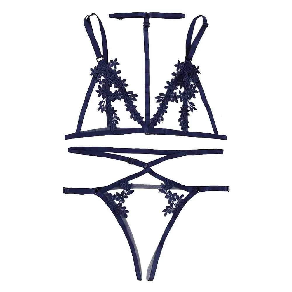 Navy Blue Женское нижнее белье, корсет, кружево, на косточках, пикантная муслиновая одежда для сна, нижнее белье, топы и трусы, модные, Sous Vetement Femme, сексуальный ансамбль - Цвет: Navy Blue