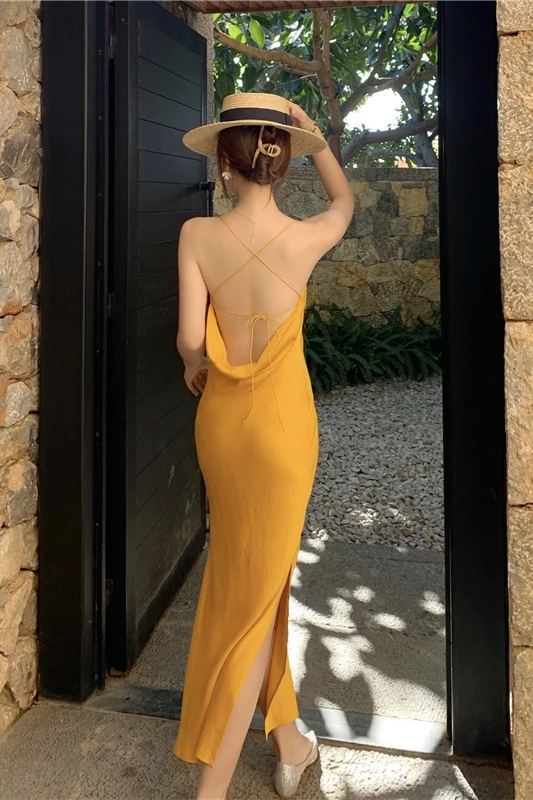 

Chic New Sanya Beach Vacation Travel Super Fairy Beach Mid-Length Elegant Slimming V-Neckline Strap Dress Kawaii