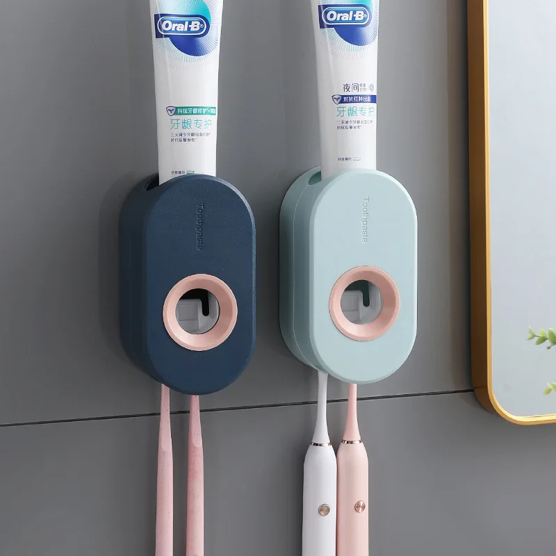 Kit de exprimidor de pasta de dientes, estante para cepillos de dientes, soporte montado en la pared, autom&aacute;tico y adhesivo, succi&oacute;n-4