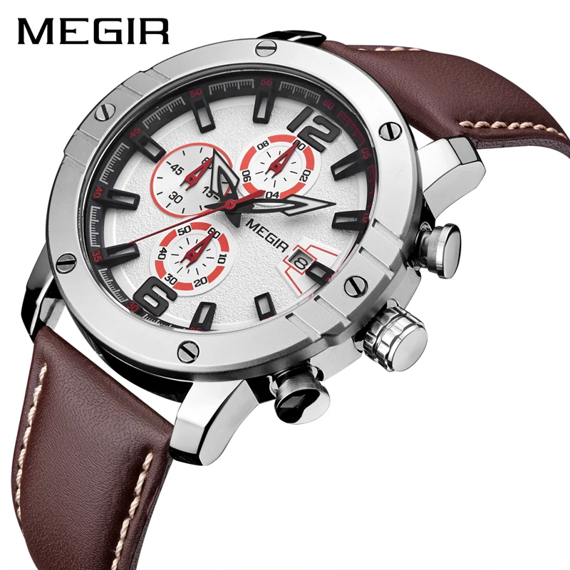 MEGIR Мужские часы с кожаным ремешком Топ бренд класса люкс водонепроницаемый