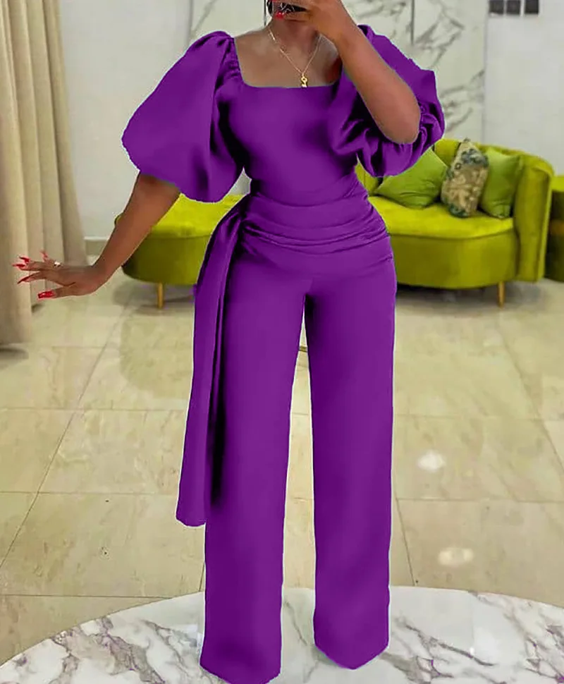

Women Jumpsuit High Waist Square Collar Lantern Sleeves Female 2021 New Plus Size XXXL Elegant Fashion Summer Ladies Playsuits