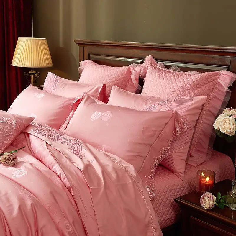 

New Luxury Silk Cotton Wedding Bedding Set Embroidery Lace Duvet Cover Bed Sheet Pillowcases Queen King size 4/6/9Pcs bed linen