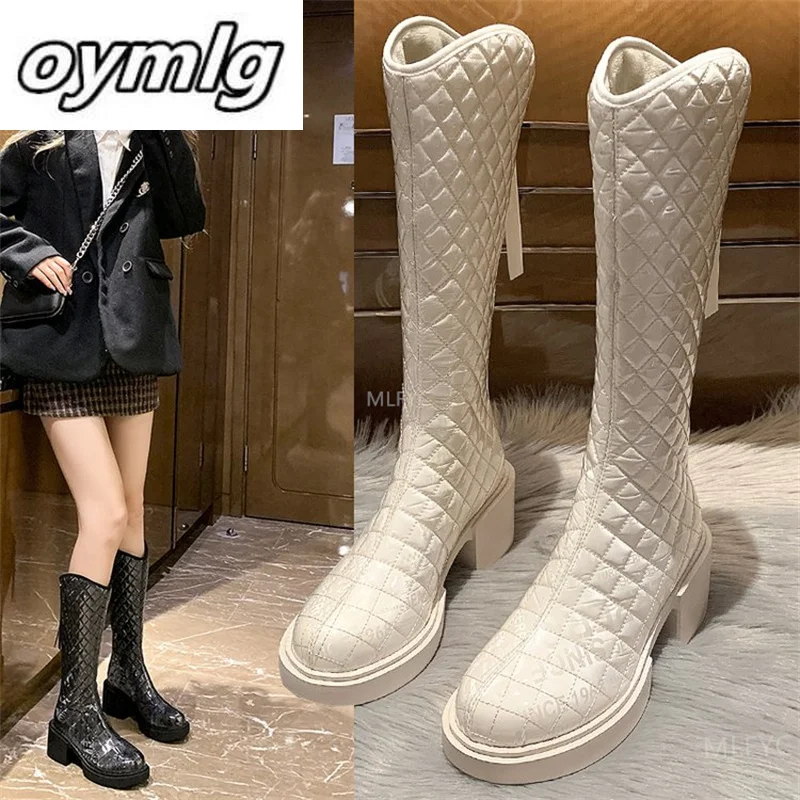 

Осенне-зимние женские сапоги на толстом каблуке, сапоги на высоком каблуке, модная женская обувь в клетку с вышитыми нитями, 2021