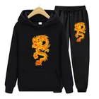 Женский повседневный комплект из 2 предметов, толстовка с капюшоном и штаны с принтом китайского дракона в стиле Харадзюку, Осень-зима 2021, размера плюс