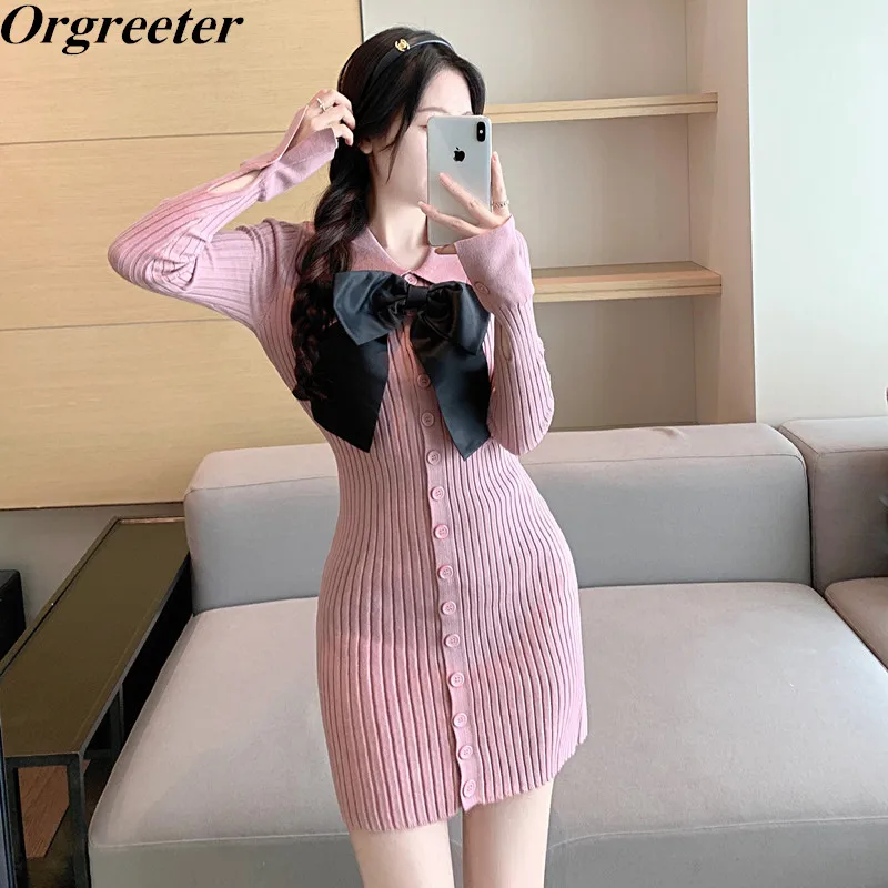 

Высококачественный однобортный вязаный кардиган, свитер, платья, женское элегантное облегающее платье-футляр с лацканами и бантом, платья