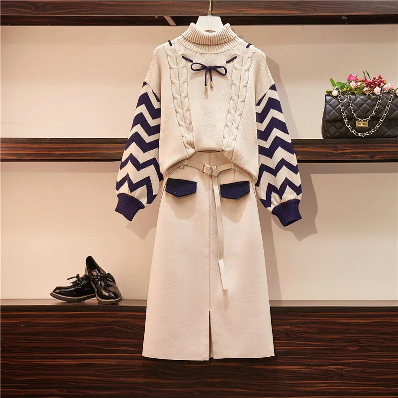 Осень зима большой размер комплект из 2 предметов Женская водолазка в полоску