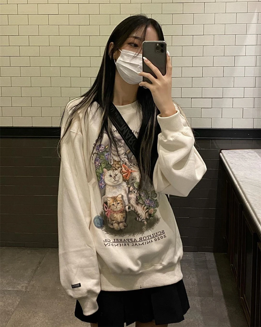 

Harajuku Cartoon Cat Printing Long Sleeve Female Sweatshirt Hoodies Spring Autumn Pullover White Lovers Kawaii Women Casual Top