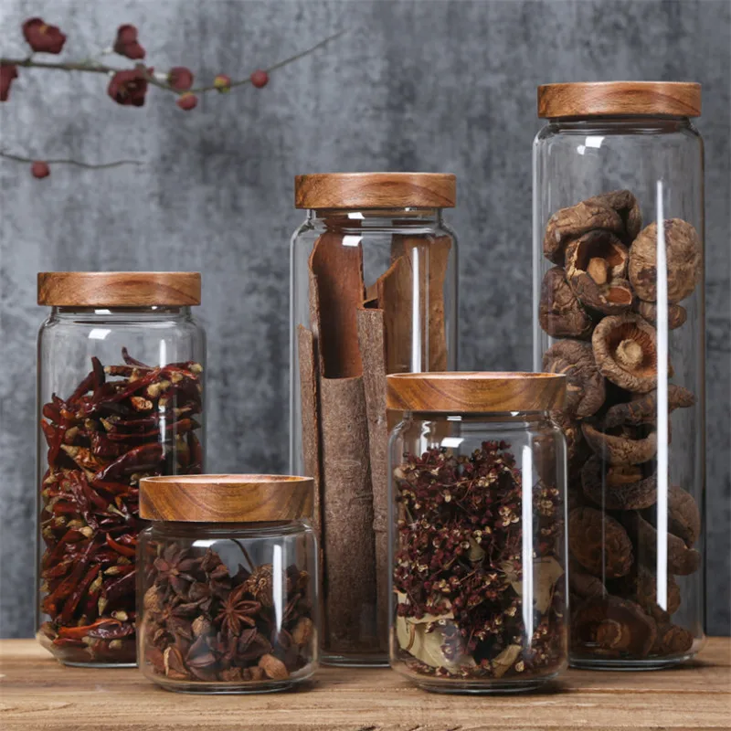 

Transparent Glass Sealed Canister Kitchen Food Storage Bottles with Bamboo Lid Jars Grains Tea Leaf Coffee Beans Candy Jar