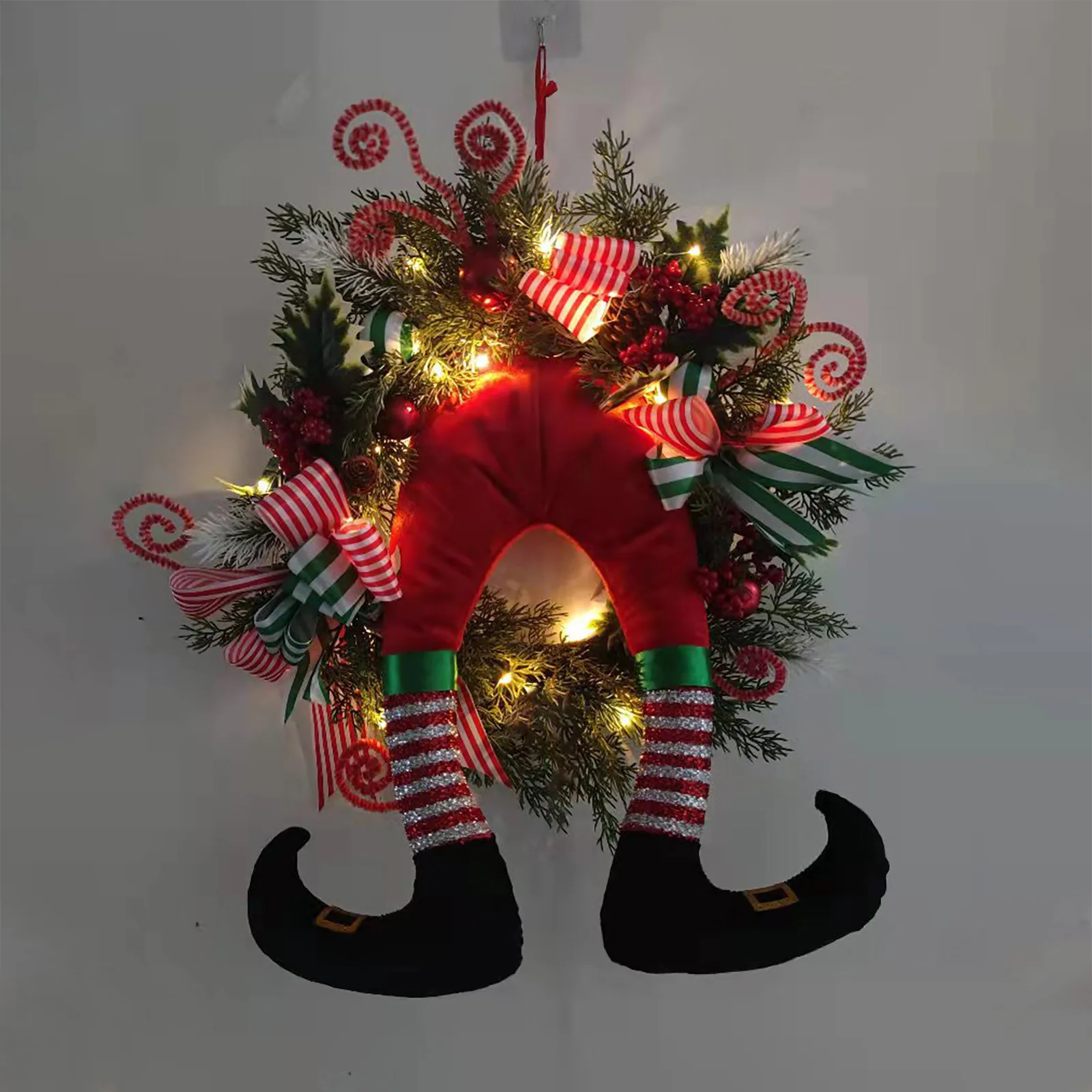 

Искусственный Рождественский венок с подсветкой для входной двери, подвесная Рождественская гирлянда с лентой для ног клоуна, праздничное ...