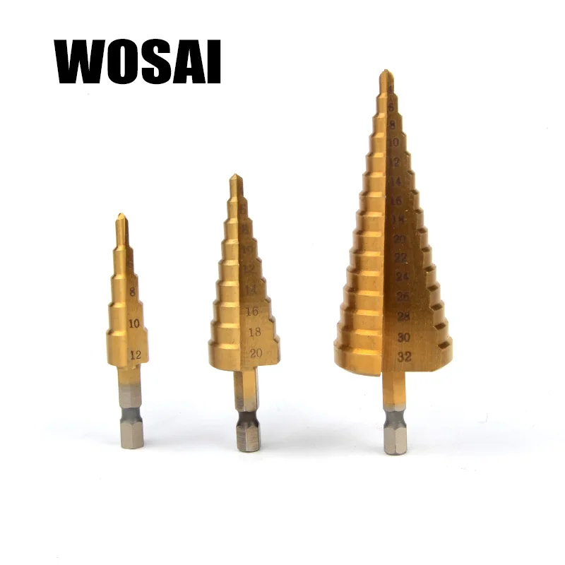 WOSAI 3 шт. HSS титановое покрытие ступенчатое сверло электроинструменты для