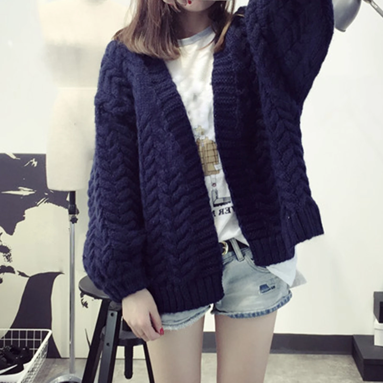 Осень-зима 2020 женский свободный вязаный кардиган с открытой передней частью