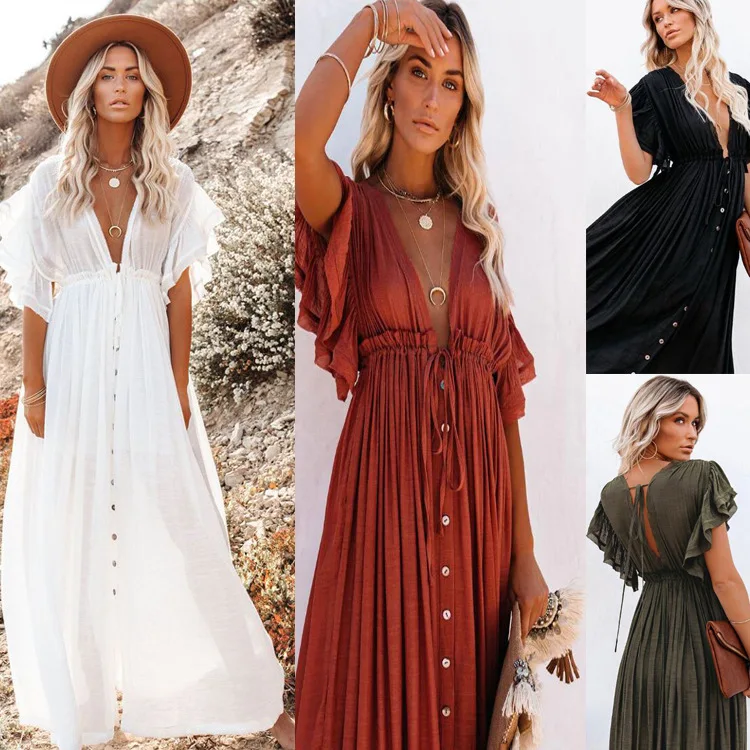 

Bikini Cover Up Beach Long Maxi Dress Women Beach Cover Up Tunic Pareo White V Neck Dress Robe Swimwear Bathing Suit Beachwear