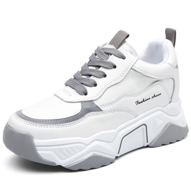 

Height Increasing Women Casual Shoes Cow Split Leather Thick Sole Fashion Sneakers Size 34-39 Round Toe Leisure White Shoes