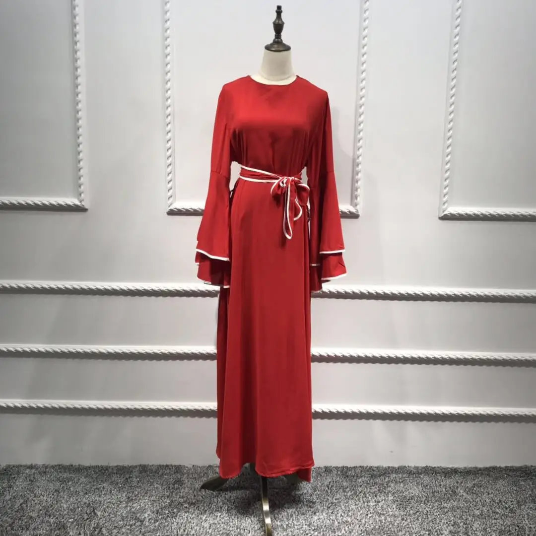 

Plus Size Muslim Women Dress Double-layer Flare Sleeve Lace-up Loose Maxi Dresses Kaftan Tunic Middle East Arab Islamic Clothing