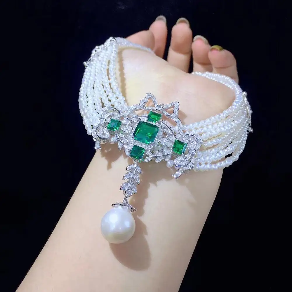 ????? 天然淡水真珠のネックレスマルチレイヤ 925 スターリングシルバー立方ジルコン緑色ファイン女性ジュエリー