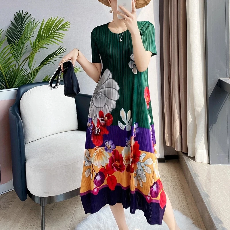 

Женское плиссированное платье миди Miyake, летнее повседневное свободное платье большого размера с принтом толстых мм, 2021