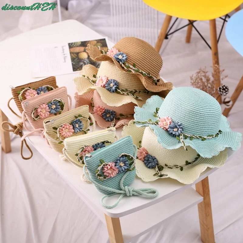 

Cute Bow Princess Hat Summer Girls Straw Bag Sun Hat For Tour Kids Child Beach Hats UV Protection Cap Handbag