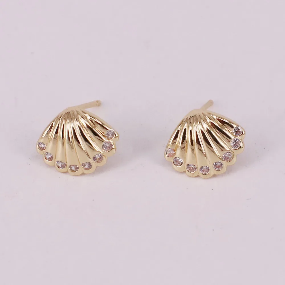 brass shell shape ear stud fittings with cz silver pin allergy free high quality gold plated DIY jewelry accessory | Украшения и