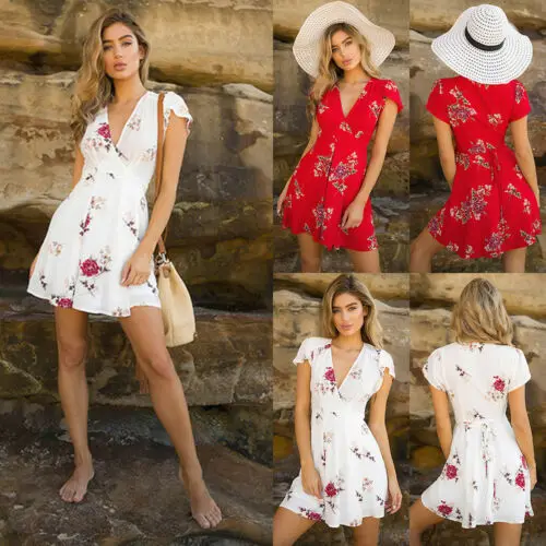 

Fashion Summer Women Dress Short Sleeve Print Dress Casual Floral Print Deep V-Neck Dress Short Mini Sexy Dress For Pary Clothes