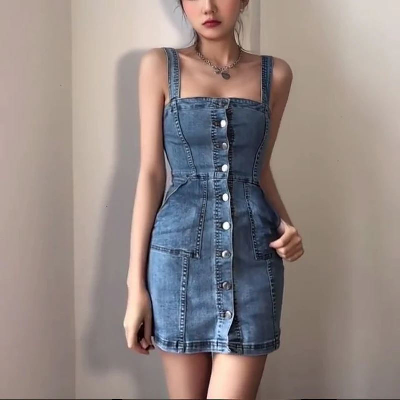 Купи M-4XL Large Size Stretch Denim Strap Dress Summer European and American Hot Girls Chic Spaghetti Strap Jeans Sundress Female за 1,225 рублей в магазине AliExpress