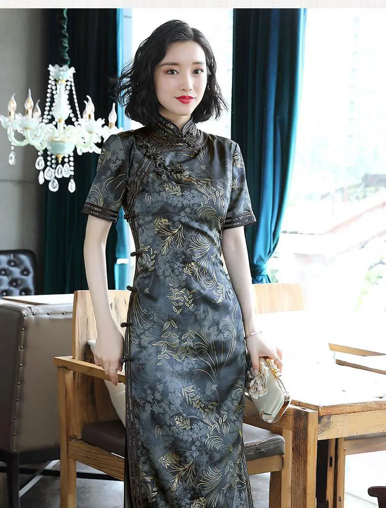 Традиционное женское платье чонсам винтажное облегающее вечернее с принтом
