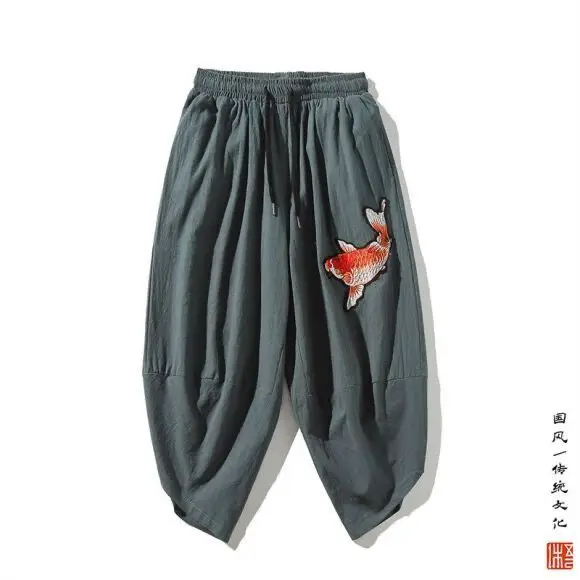 Chinese style embroidery linen cropped pants men's cotton and loose casual wide-leg plus size harem men | Мужская одежда