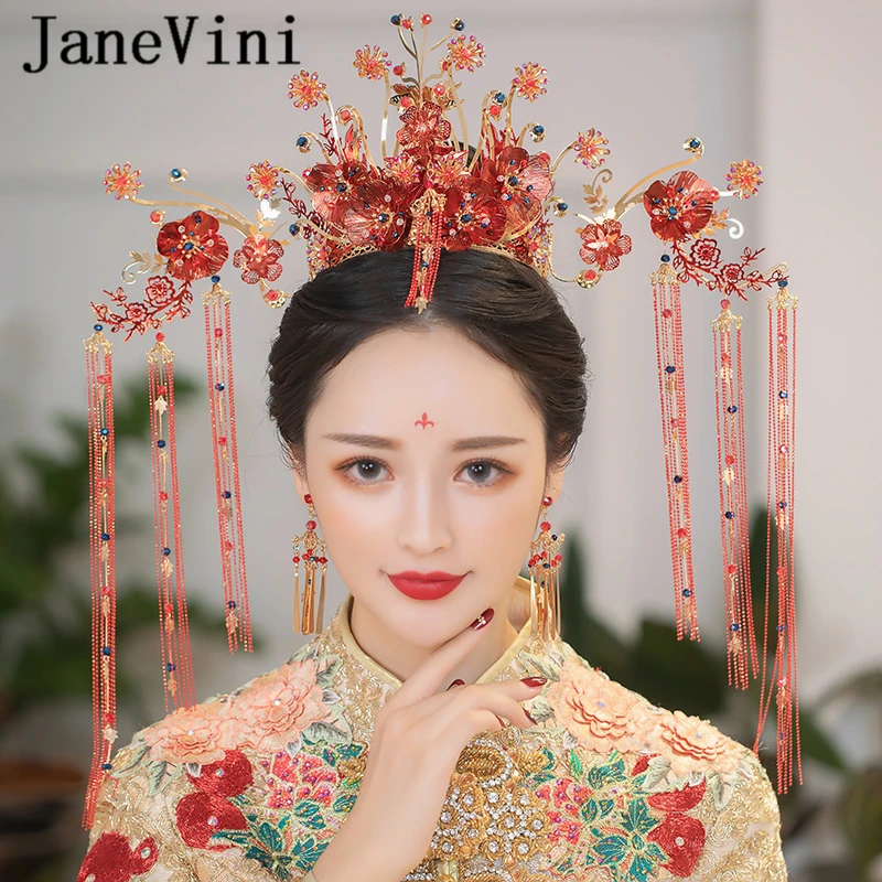 JaneVini Gorgeous Chinese Bridal Headdress Beaded Costume Large Red Floral Hairpins Long Tassels Stage Wedding Hair Accessories