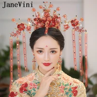janevini gorgeous chinese bridal headdress beaded costume large red floral hairpins long tassels stage wedding hair accessories