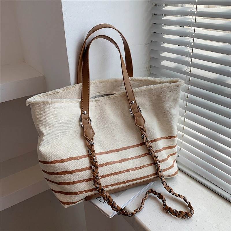 

Casual Stripe Light Canvas Tote Bags For Women Designer Handbags High Quality Large Capacity Female Chain Shopper Bags 2021 Fall