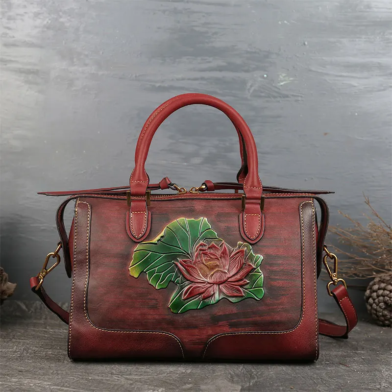 Vintage Women Handbag Luxury Genuine Leather Tote Handmade Flower Embossed Shoulder Bag China Style Female Crossbody Bags