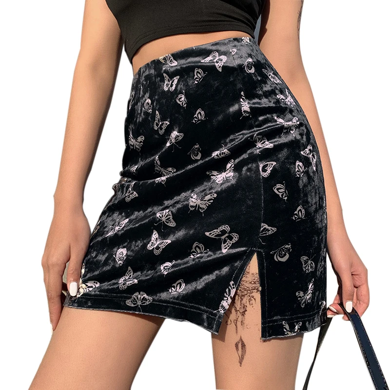 

Streetwear Vintage Butterful Print Gothic Skirts Harajuku Splice Grunge Punk Autumn Winter 2021 Female Skirts Aesthetic Chic
