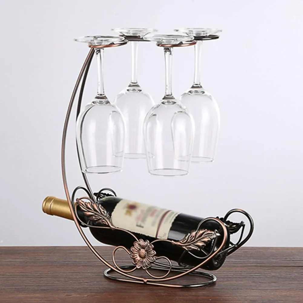 

Creative Metal Wine Rack Hanging Stemware Holder Hold 1 Bottle 4 Glasses Countertop Wine Glass Display Wine Rack Barware Decor