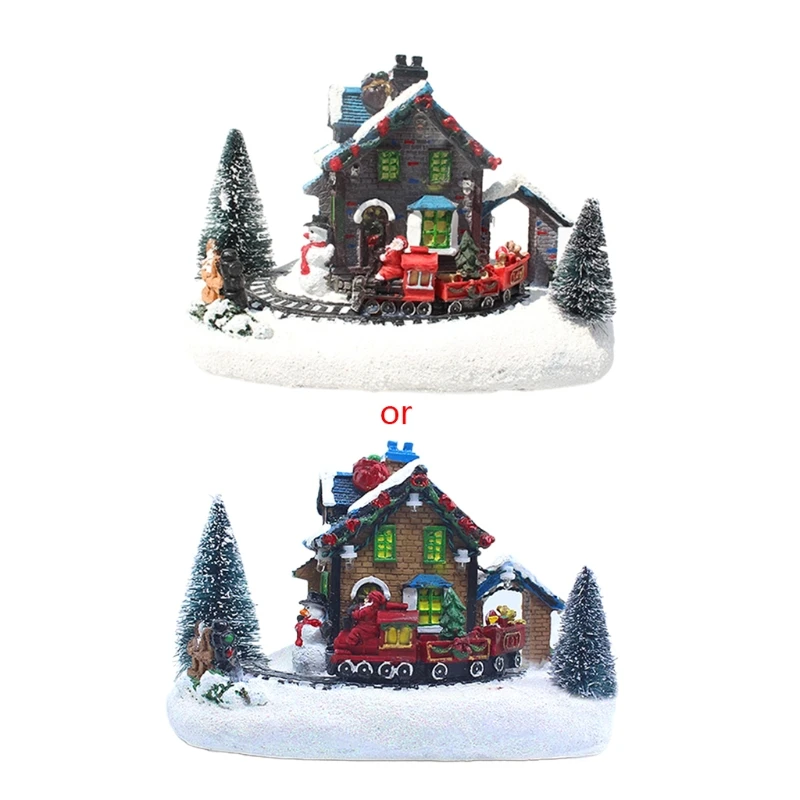 

C90D Color LED Light Christmas Snow Small Train Village House Luminous Resin Ornament