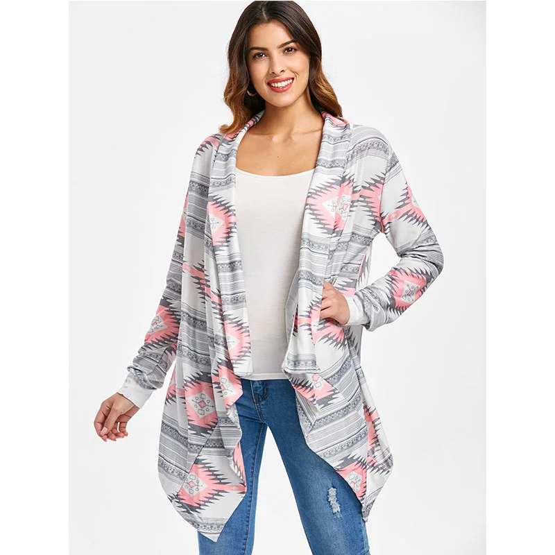 Women Cardigans Geometric Printed Long Sleeve Asymmetric Cardigan Sweater Female Clothes Ladies Tops Knit Outwear |