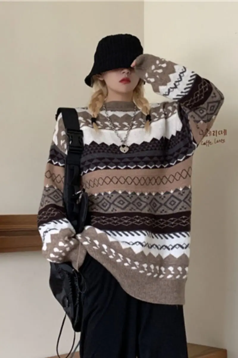 

New Autumn winter wear Korean lazy wind grid contrast loose wild pullover sweater couples men clothes Free shipping gray