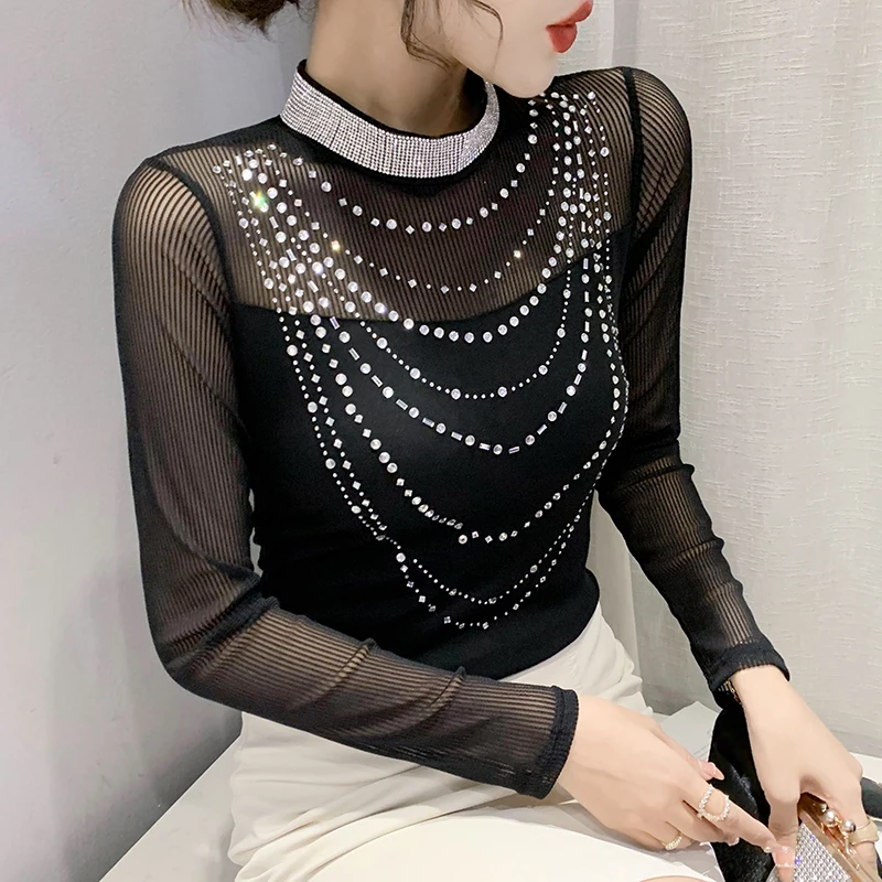 

Fall Winter Black T-Shirt Fashion Sexy Stand Collar Spliced Mesh Shiny Diamonds Long Sleeve Tops Women New Tees