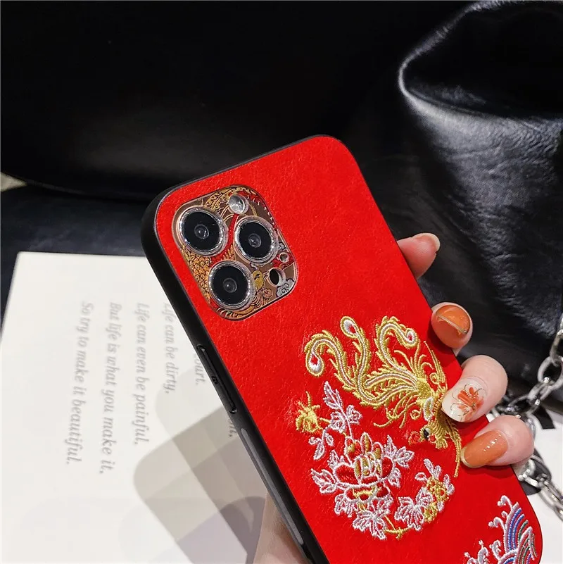 

PU Leather embroidery dragon phoenix Couple soft Case For iPhone 11 12 Pro Max mini 7 8 Plus XR X XS MAX SE 2 phone cover fundas