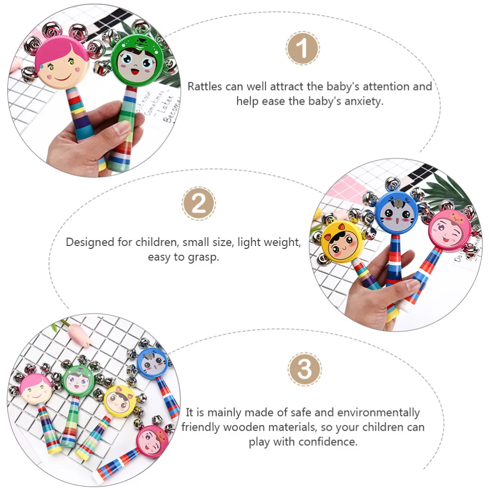 

4pcs Creative Smile Doll Shaped Rattle Drum Infant Soothe Wooden Hand Rattle