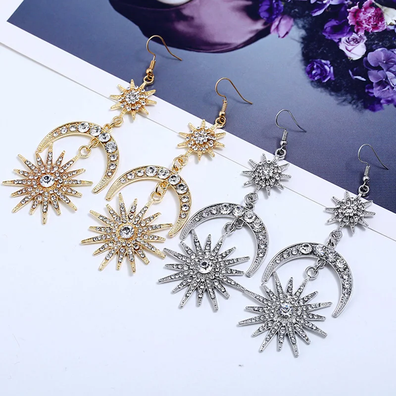 

Crystal Rhinestone Sun Moon Stars Drop Earrings For Women Punk Earrings Golden Boho Vintage Statement Earrings