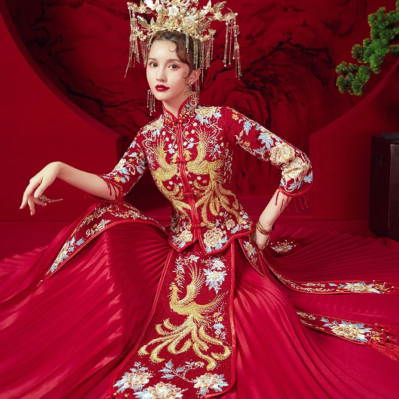 

Вышивка Феникс традиционное китайское свадебное платье Золотая Невеста банкет классическое Ципао Китай Ципао костюм для свадьбы