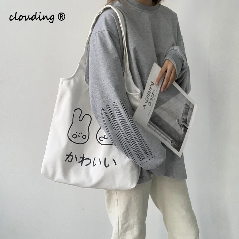 

New Tote Shopping Bag for Women 2021 Japanese Cartoon Canvas Shoulder Bags with Hasp Cotton Cloth Eco Shopper Bag Lady Handbags