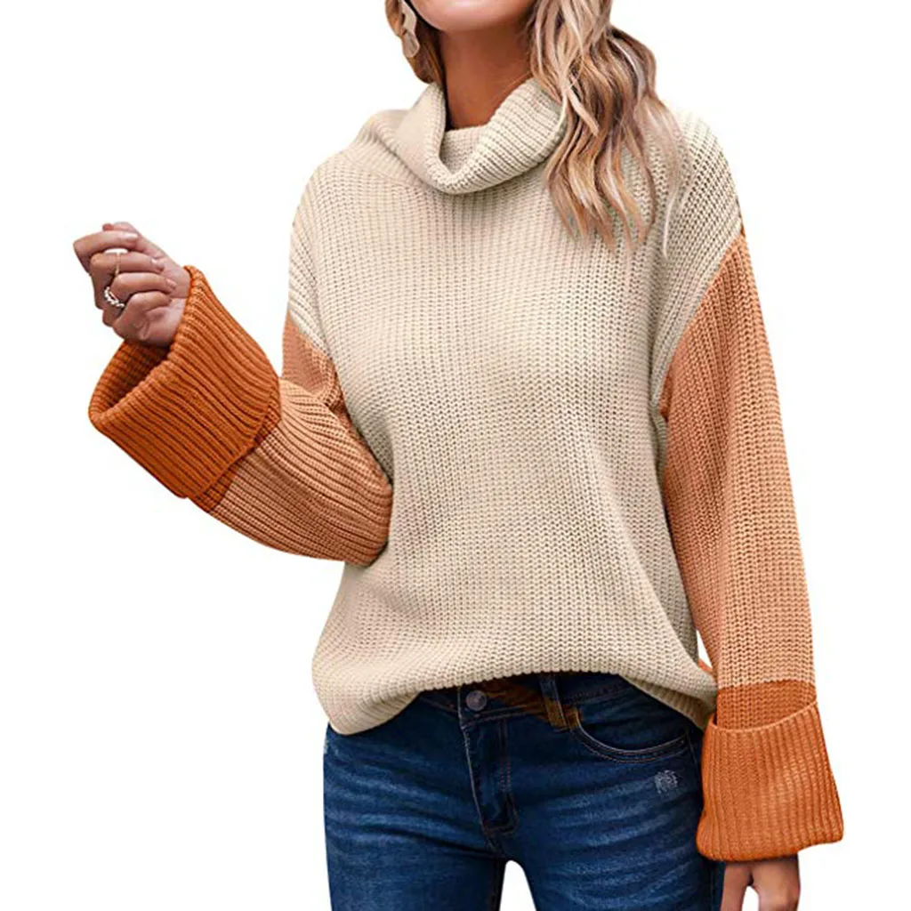Женские Лоскутные свитеры с высоким воротом 2019 зимний теплый повседневный пуловер длинным рукавом женские