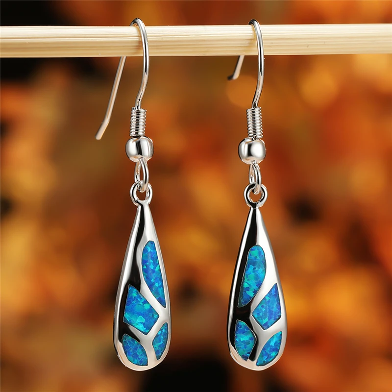 

Cute Female Blue Opal Drop Earrings Vintage Silver Color Wedding Earrings Charm Bride Geometric Dangle Earrings For Women