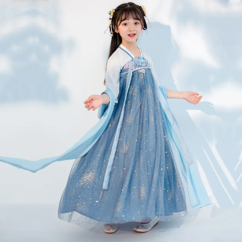 

Hanfu Girl Costume Super Fairy Children Hanfu Dress Chinese Style Summer Clothing Starry Sky Fairy Girl Blue Dress Платье