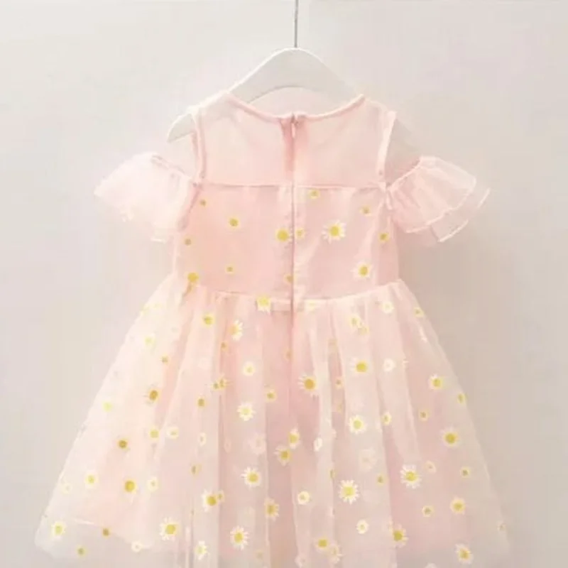

Flower Girls Summer Dress New Kids Princess Dresses Short-Sleeved Shoulderless Mesh Ruffles Baby Children Clothes