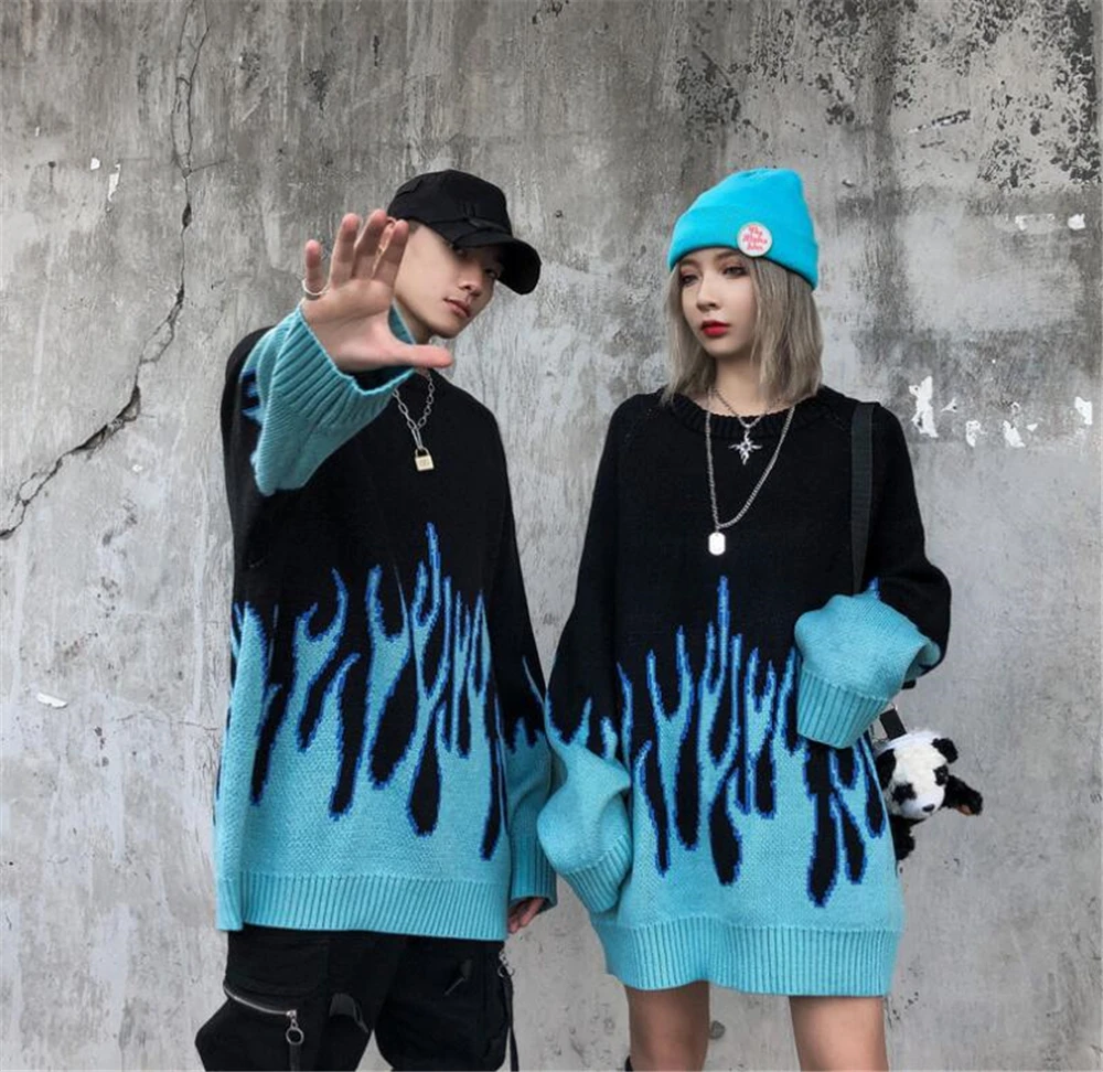 

Женский свитер Pull Femme, новинка сезона зима-осень 2020, свободный длинный женский свитер с круглым вырезом и голубым пламенем, Женский пуловер, ...